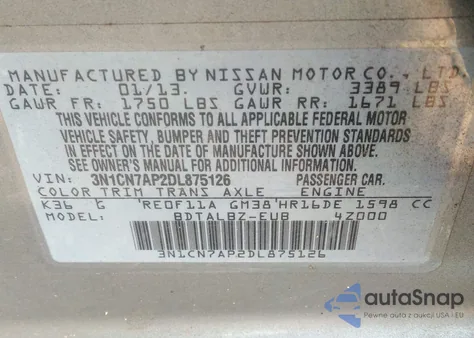 2013 Nissan Versa 1.6 Sv z USA, uszkodzony, nr VIN 3N1CN7AP2DL875126